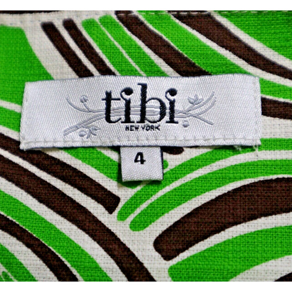 Tibi Size 4 Geometric Print 60s Style Mini Dress Cotton Green Brown - Picture 7 of 8